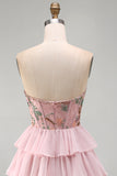 Pink A-Line Sweetheart Corset Tiered Floral Short Homecoming Dress with Sequins