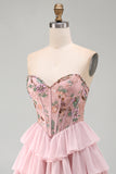 Pink A-Line Sweetheart Corset Tiered Floral Short Homecoming Dress with Sequins