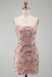 Pink Floral Embroidery Bodycon Lace Up Back Short Homecoming Dress with Sequins
