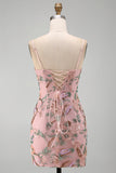 Pink Floral Embroidery Bodycon Lace Up Back Short Homecoming Dress with Sequins
