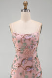 Pink Floral Embroidery Bodycon Lace Up Back Short Homecoming Dress with Sequins