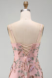 Pink Floral Embroidery Bodycon Lace Up Back Short Homecoming Dress with Sequins
