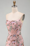 Pink Floral Embroidery Bodycon Lace Up Back Short Homecoming Dress with Sequins