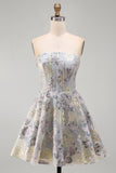 A-Line Blue Flower Strapless Corset Jacquard Lace Up Back Short Homecoming Dress