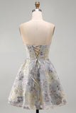 A-Line Blue Flower Strapless Corset Jacquard Lace Up Back Short Homecoming Dress