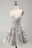 A-Line Blue Flower Strapless Corset Jacquard Lace Up Back Short Homecoming Dress