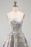 A-Line Blue Flower Strapless Corset Jacquard Lace Up Back Short Homecoming Dress