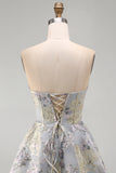 A-Line Blue Flower Strapless Corset Jacquard Lace Up Back Short Homecoming Dress