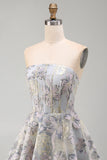 A-Line Blue Flower Strapless Corset Jacquard Lace Up Back Short Homecoming Dress