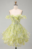 A-Line Yellow Green Off the Shoulder Floral Short Homecoming Dress with Ruffles