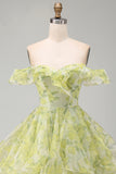A-Line Yellow Green Off the Shoulder Floral Short Homecoming Dress with Ruffles