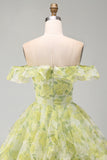 A-Line Yellow Green Off the Shoulder Floral Short Homecoming Dress with Ruffles