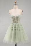 Strapless A-Line Dusty Sage Corset Floral Short Homecoming Dress with Beading
