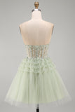 Strapless A-Line Dusty Sage Corset Floral Short Homecoming Dress with Beading