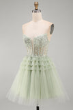 Strapless A-Line Dusty Sage Corset Floral Short Homecoming Dress with Beading