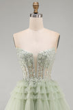 Strapless A-Line Dusty Sage Corset Floral Short Homecoming Dress with Beading
