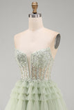 Strapless A-Line Dusty Sage Corset Floral Short Homecoming Dress with Beading
