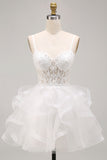 White A-Line Sheer Corset Floral Lace Up Back Short Homecoming Dress with Ruffles