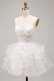 White A-Line Sheer Corset Floral Lace Up Back Short Homecoming Dress with Ruffles