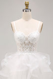 White A-Line Sheer Corset Floral Lace Up Back Short Homecoming Dress with Ruffles