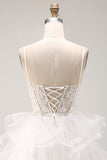 White A-Line Sheer Corset Floral Lace Up Back Short Homecoming Dress with Ruffles
