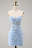 Blue Sweetheart Sheer Corset Floral Bodycon Short Homecoming Dress