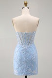 Blue Sweetheart Sheer Corset Floral Bodycon Short Homecoming Dress