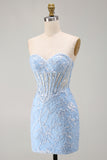 Blue Sweetheart Sheer Corset Floral Bodycon Short Homecoming Dress