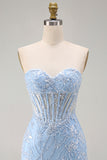 Blue Sweetheart Sheer Corset Floral Bodycon Short Homecoming Dress