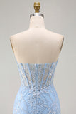 Blue Sweetheart Sheer Corset Floral Bodycon Short Homecoming Dress