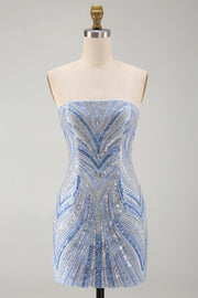 Sparkly Strapless Blue Bodycon Sequins Short Homecoming Dress with Beading