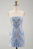 Sparkly Strapless Blue Bodycon Sequins Short Homecoming Dress