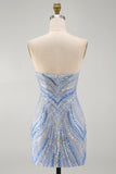 Sparkly Strapless Blue Bodycon Sequins Short Homecoming Dress