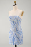 Sparkly Strapless Blue Bodycon Sequins Short Homecoming Dress