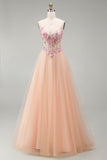 Champagne A-Line Tulle Sheer Corset Floral Long Prom Dress with Lace Up Back