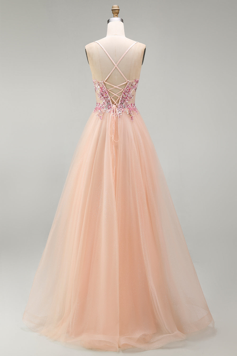 Champagne A-Line Tulle Sheer Corset Floral Long Prom Dress with Lace Up Back