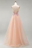 Champagne A-Line Tulle Sheer Corset Floral Long Prom Dress with Lace Up Back