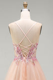 Champagne A-Line Tulle Sheer Corset Floral Long Prom Dress with Lace Up Back