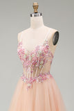 Champagne A-Line Tulle Sheer Corset Floral Long Prom Dress with Lace Up Back