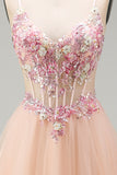 Champagne A-Line Tulle Sheer Corset Floral Long Prom Dress with Lace Up Back