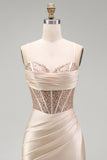 Champagne Mermaid Satin Corset Beaded Long Prom Dress with Slit