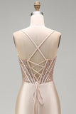 Champagne Mermaid Satin Corset Beaded Long Prom Dress with Slit