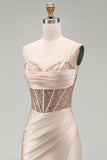 Champagne Mermaid Satin Corset Beaded Long Prom Dress with Slit