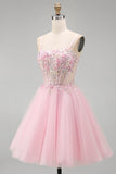 A-Line Pink Floral Corset Spaghetti Straps Sequins Short Homecoming Dress with Beading