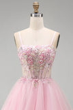 A-Line Pink Floral Corset Spaghetti Straps Sequins Short Homecoming Dress with Beading