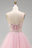 A-Line Pink Floral Corset Spaghetti Straps Sequins Short Homecoming Dress with Beading