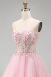 A-Line Pink Floral Corset Spaghetti Straps Sequins Short Homecoming Dress with Beading