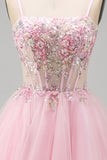 A-Line Pink Floral Corset Spaghetti Straps Sequins Short Homecoming Dress with Beading