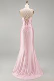Satin Pink Mermaid Ruched Long Prom Dress with Slit