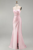 Satin Pink Mermaid Ruched Long Prom Dress with Slit